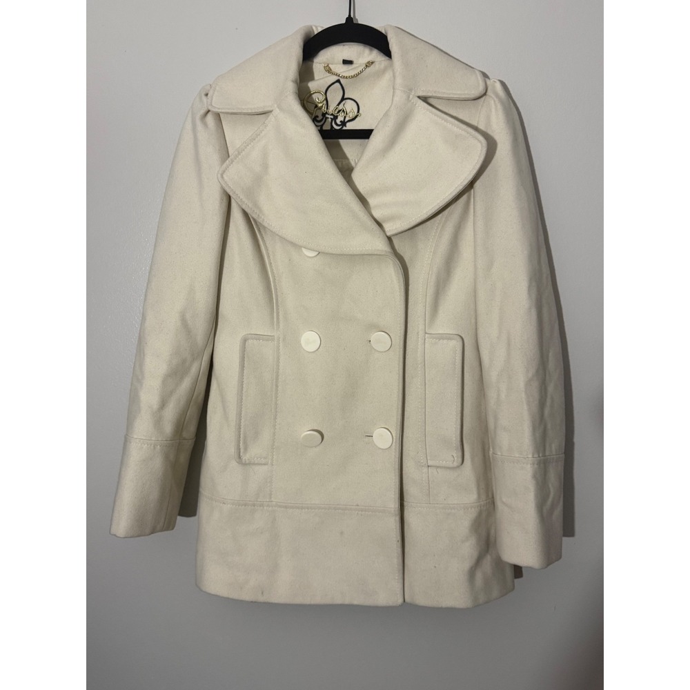 Guess Ivory Pea Coat Double Breasted Winter Jacket Warm Cute PXS